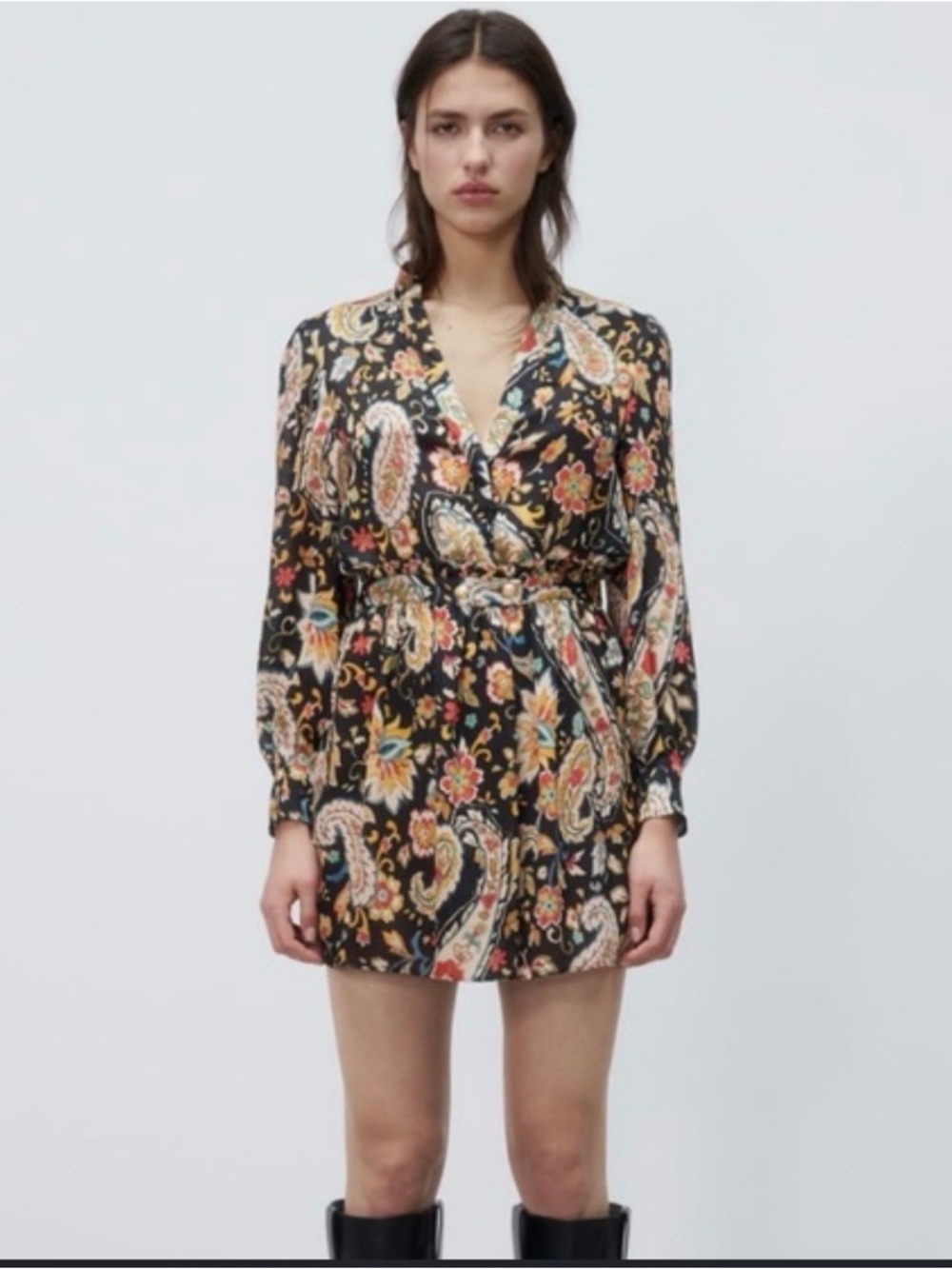 Zara Black Paisley Long Sleeve Dress with Multicolor Floral Print